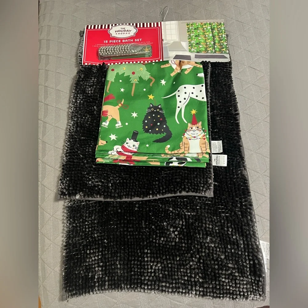 15 pc Festive Cat Print shower curtain Set with 2 Black Bath Mat